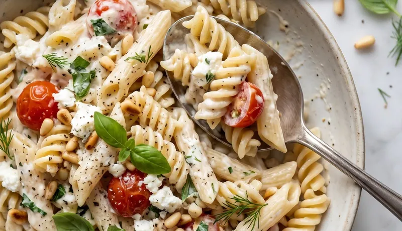 Healthy Creamy Pasta with Greek Yogurt Sauce, ready to serve