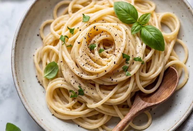 Healthy Creamy Spaghetti Using Low-Fat Cream Alternatives, ready to serve