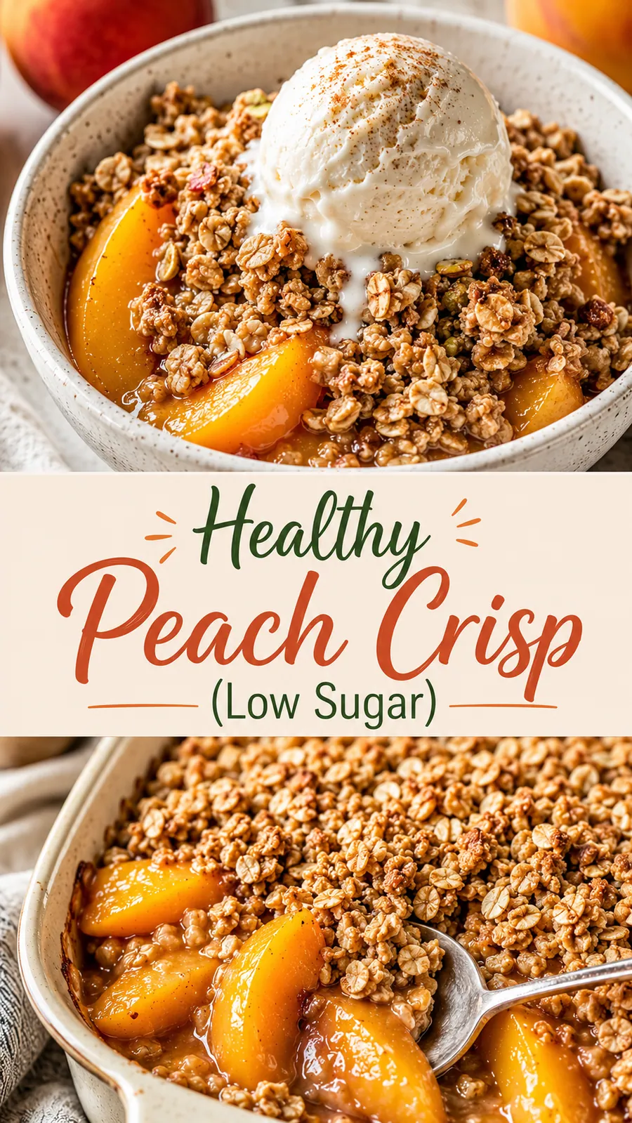 Pinterest image for Healthy Peach Crisp Low Sugar, with two photos of the recipe