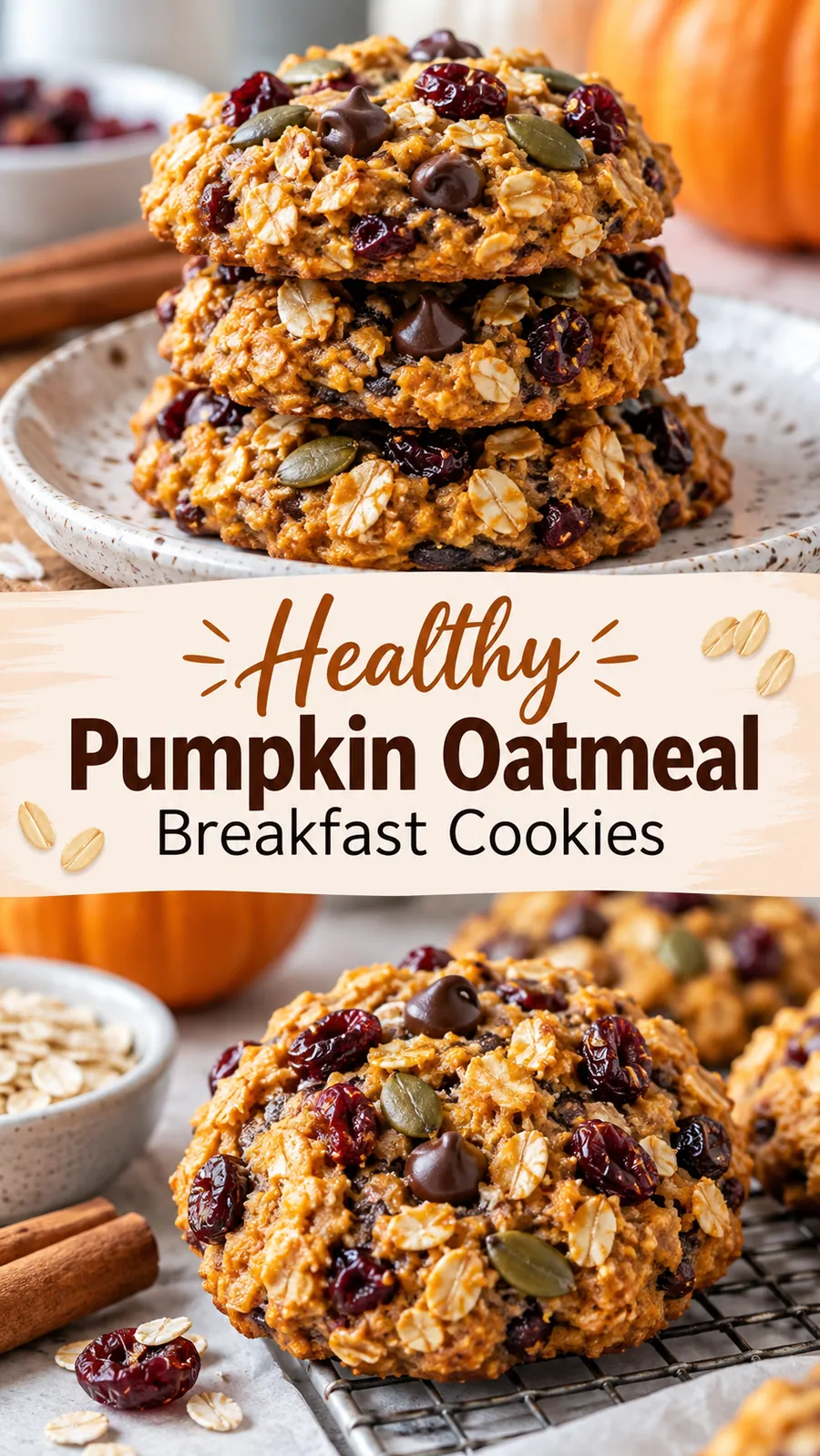 Pinterest image for Healthy Pumpkin Oatmeal Breakfast Cookies, with two photos of the recipe