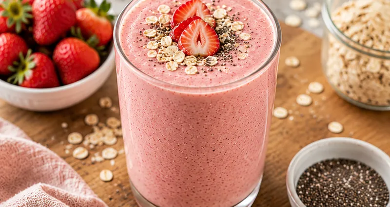 Healthy Strawberry Oat Breakfast Smoothie, ready to serve