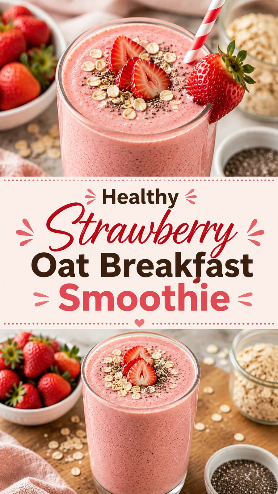 Pinterest image for Healthy Strawberry Oat Breakfast Smoothie Recipe, with two photos of the recipe