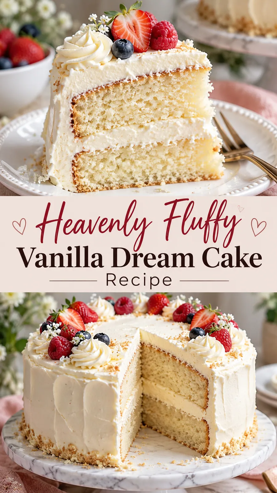 Pinterest image for Heavenly Fluffy Vanilla Dream Cake Recipe, with two photos of the recipe