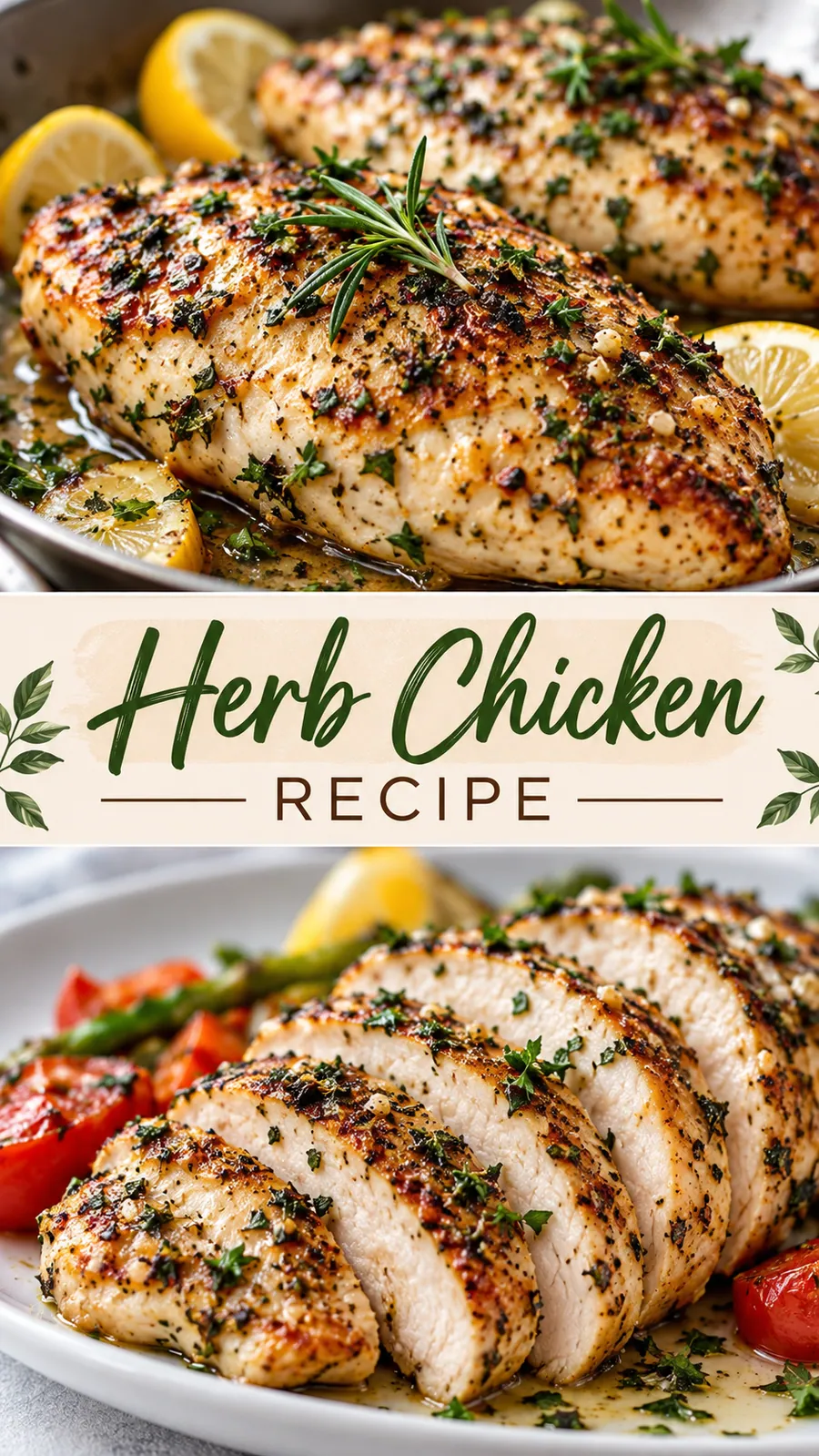 Pinterest image for Herb Chicken Recipe, with two photos of the recipe