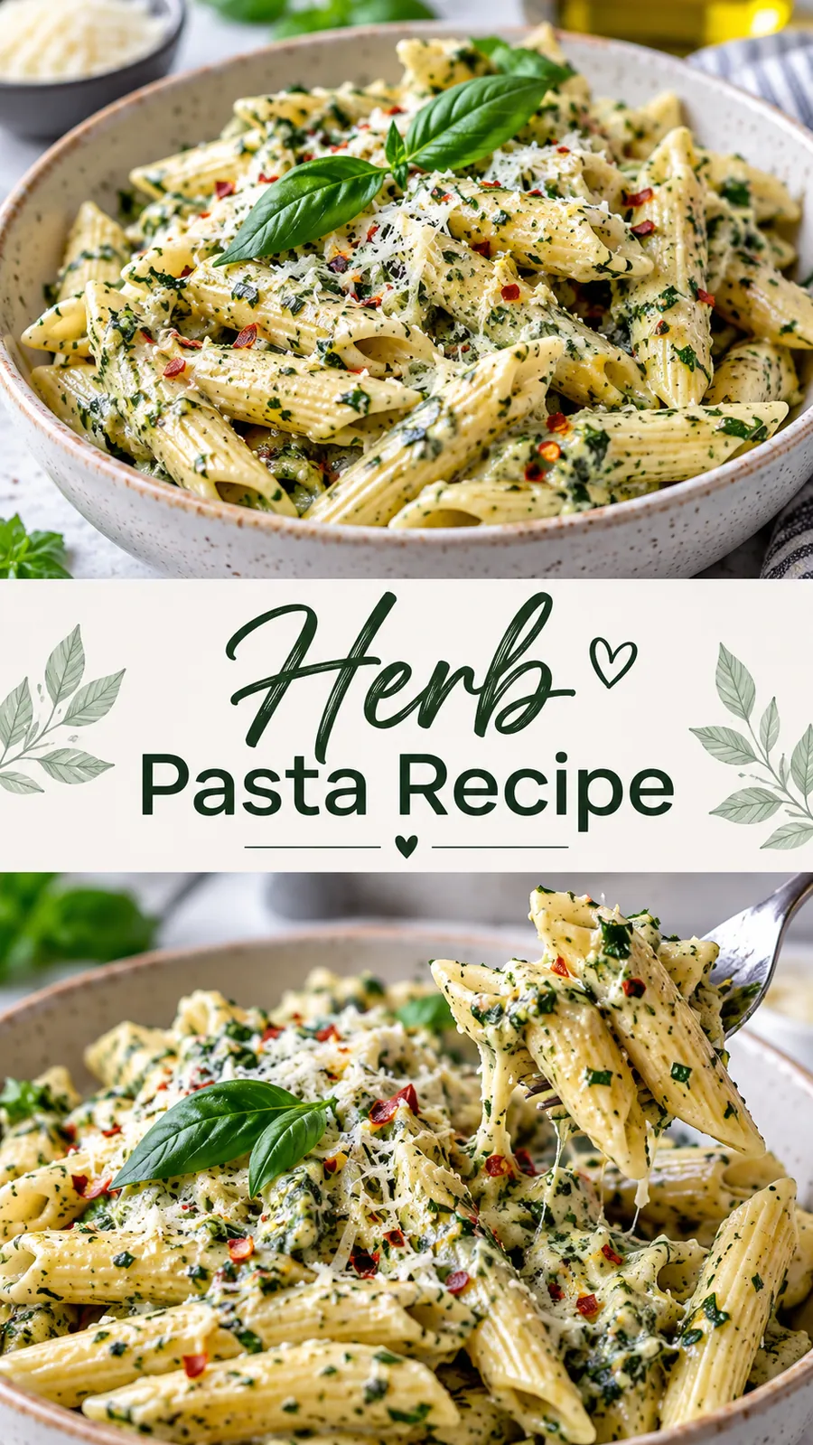 Pinterest image for Herb Pasta Recipe, with two photos of the recipe