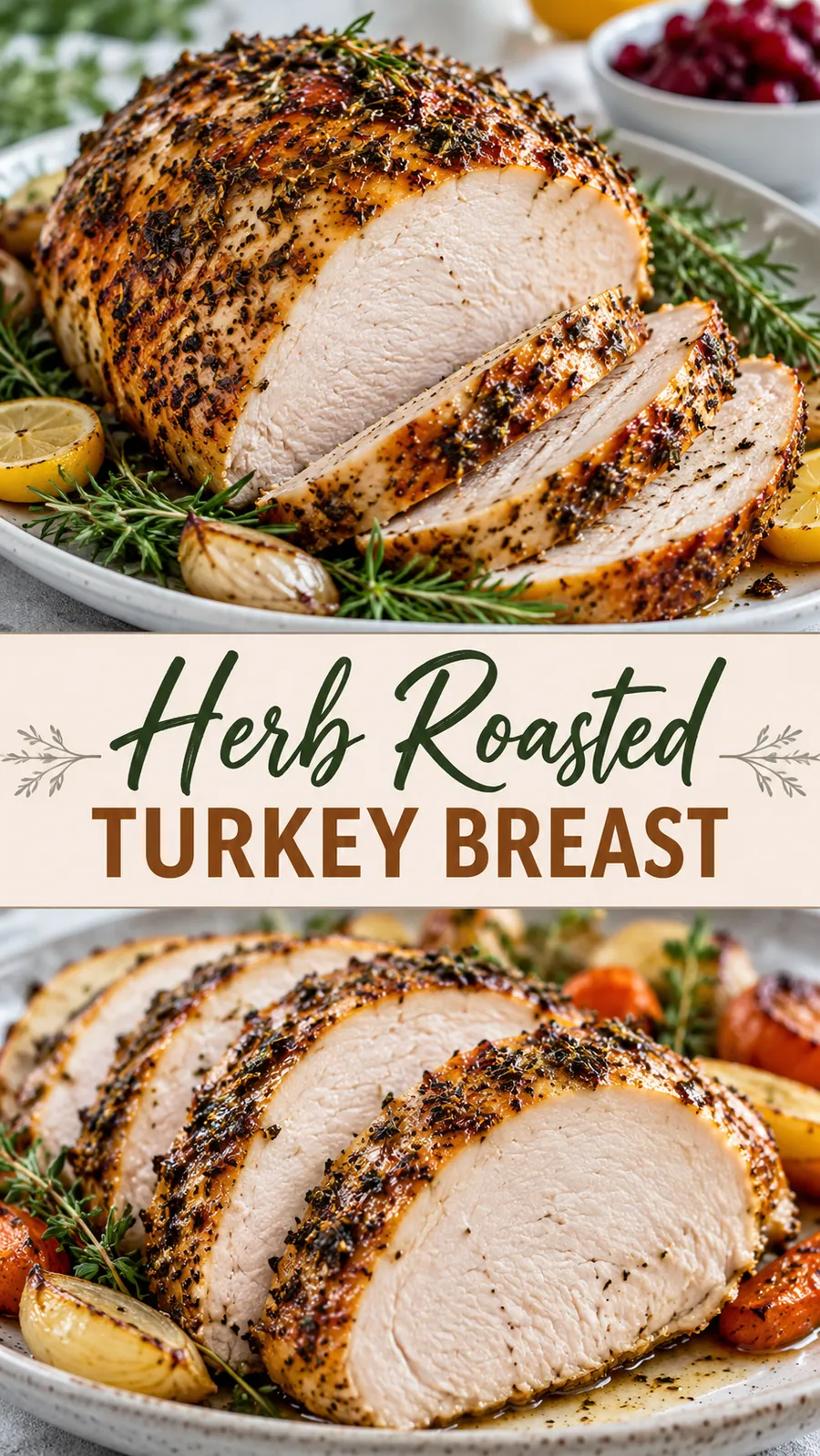 Pinterest image for Herb Roasted Turkey Breast, with two photos of the recipe