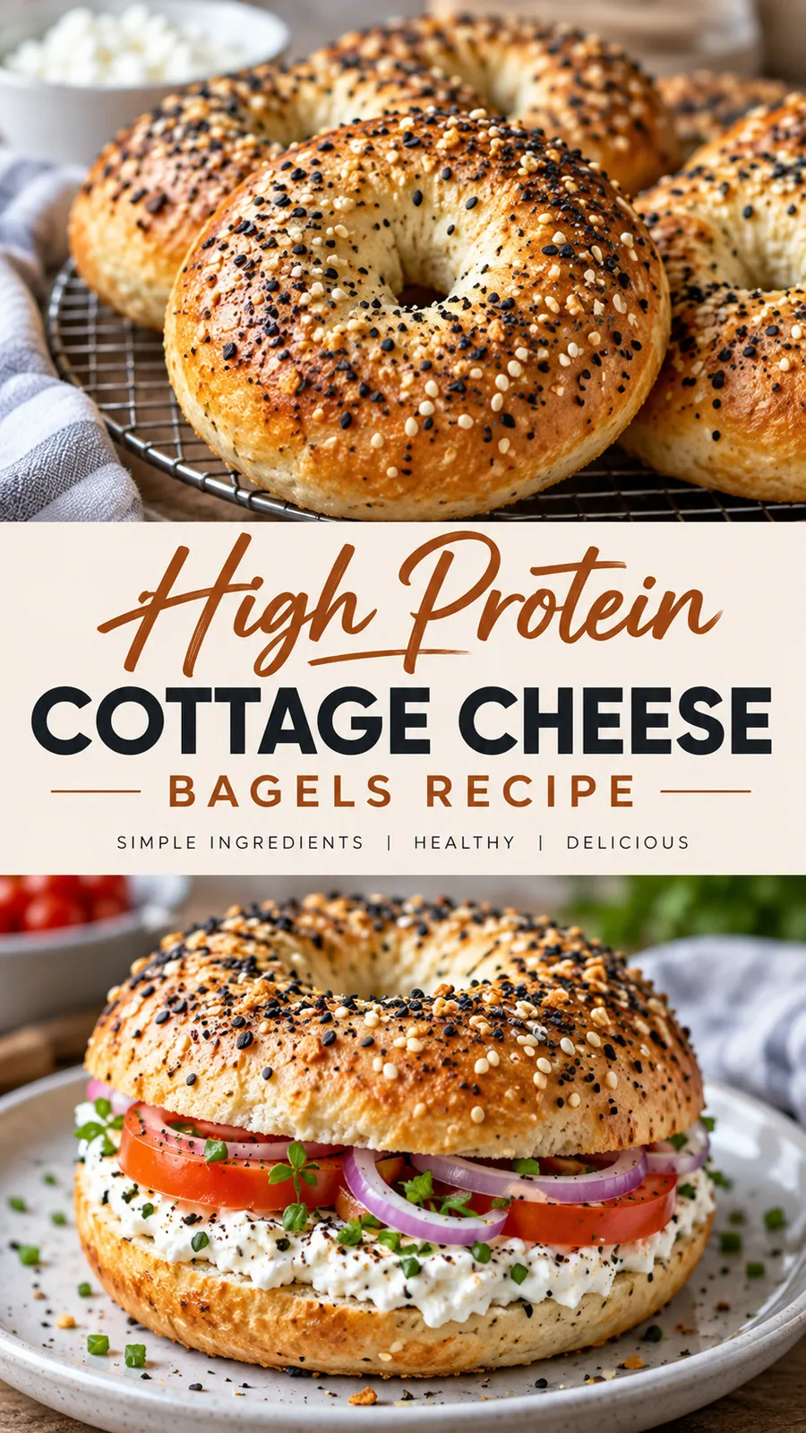 Pinterest image for High Protein Cottage Cheese Bagels Recipe, with two photos of the recipe