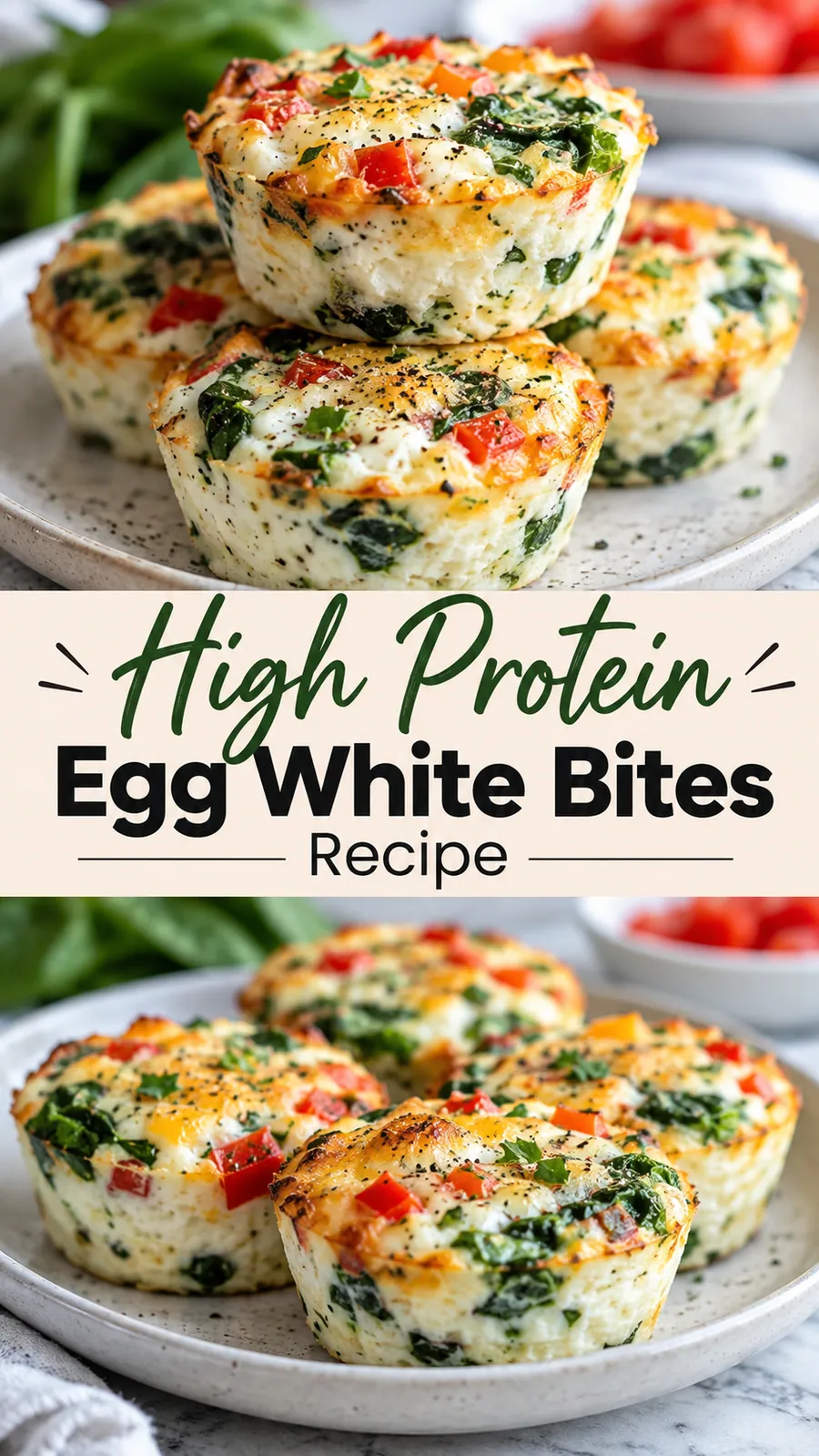 Pinterest image for High Protein Egg White Bites Recipe, with two photos of the recipe