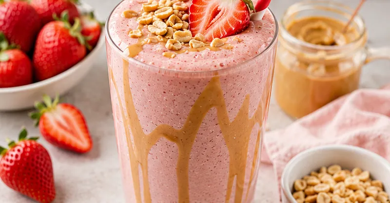 High-Protein Strawberry Peanut Butter Shake, ready to serve