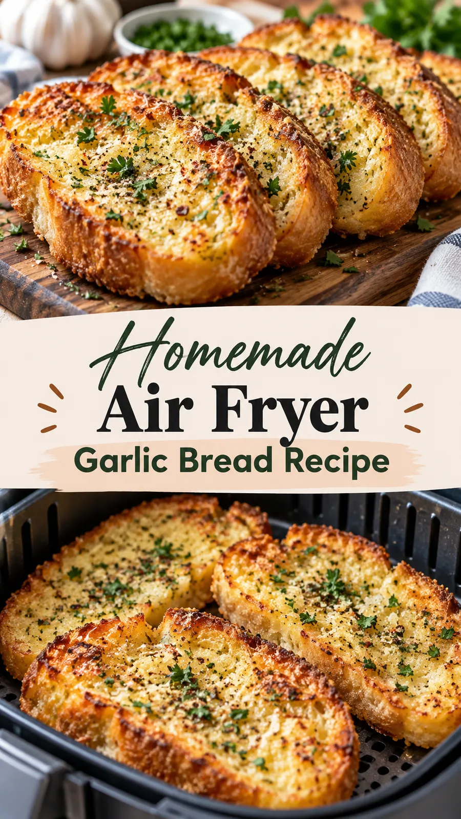 Pinterest image for Homemade Air Fryer Garlic Bread Recipe, with two photos of the recipe