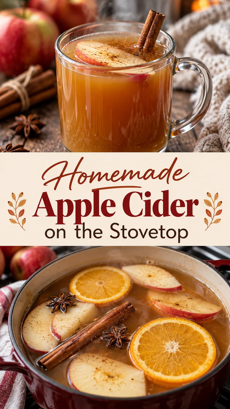 Pinterest image for Homemade Apple Cider on the Stovetop, with two photos of the recipe