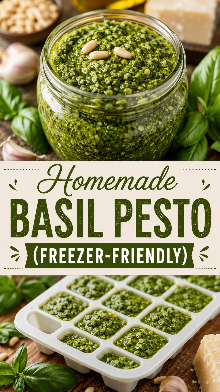 Pinterest image for Homemade Basil Pesto Freezer Friendly, with two photos of the recipe