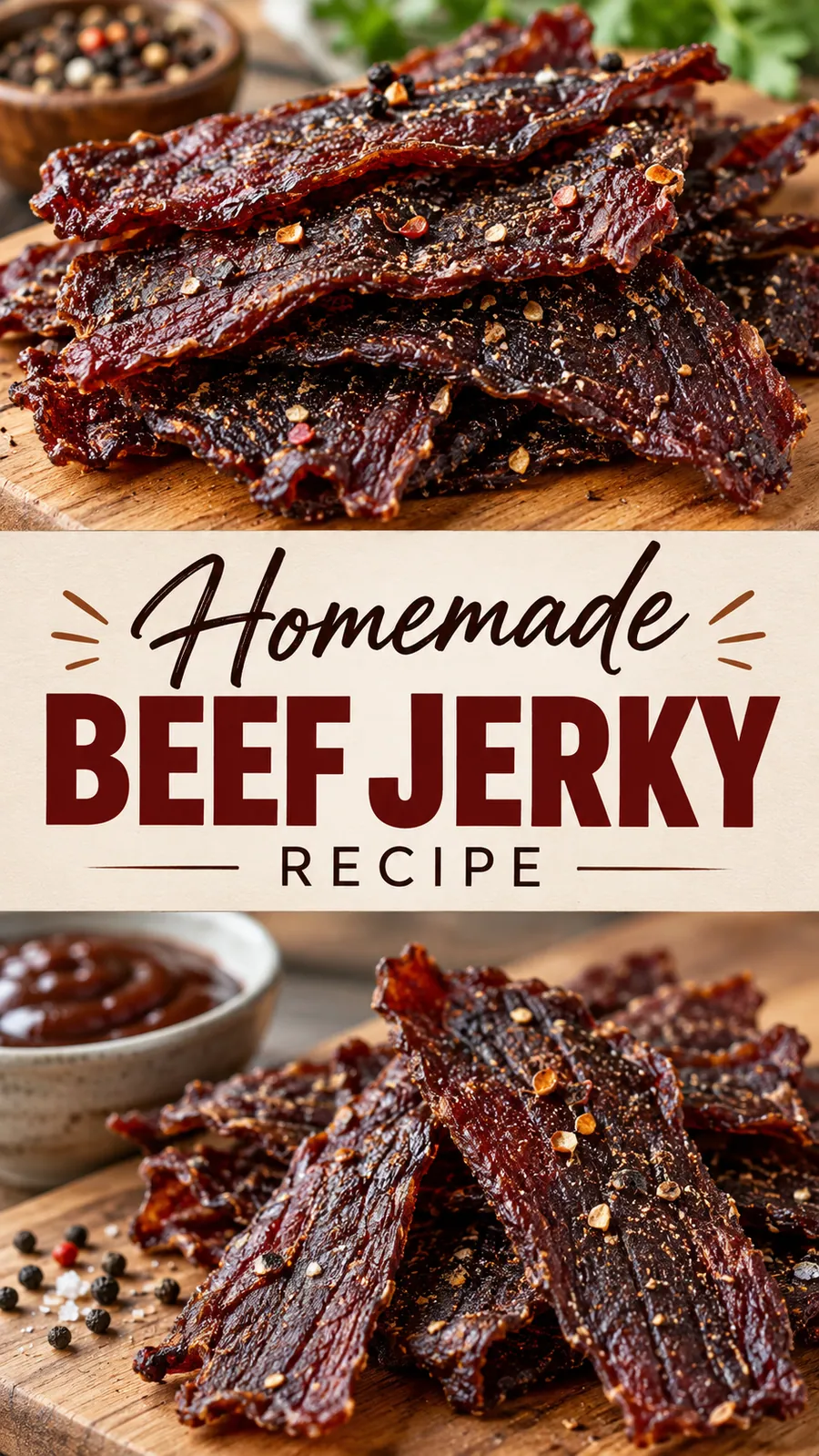 Pinterest image for Homemade Beef Jerky Recipe, with two photos of the recipe