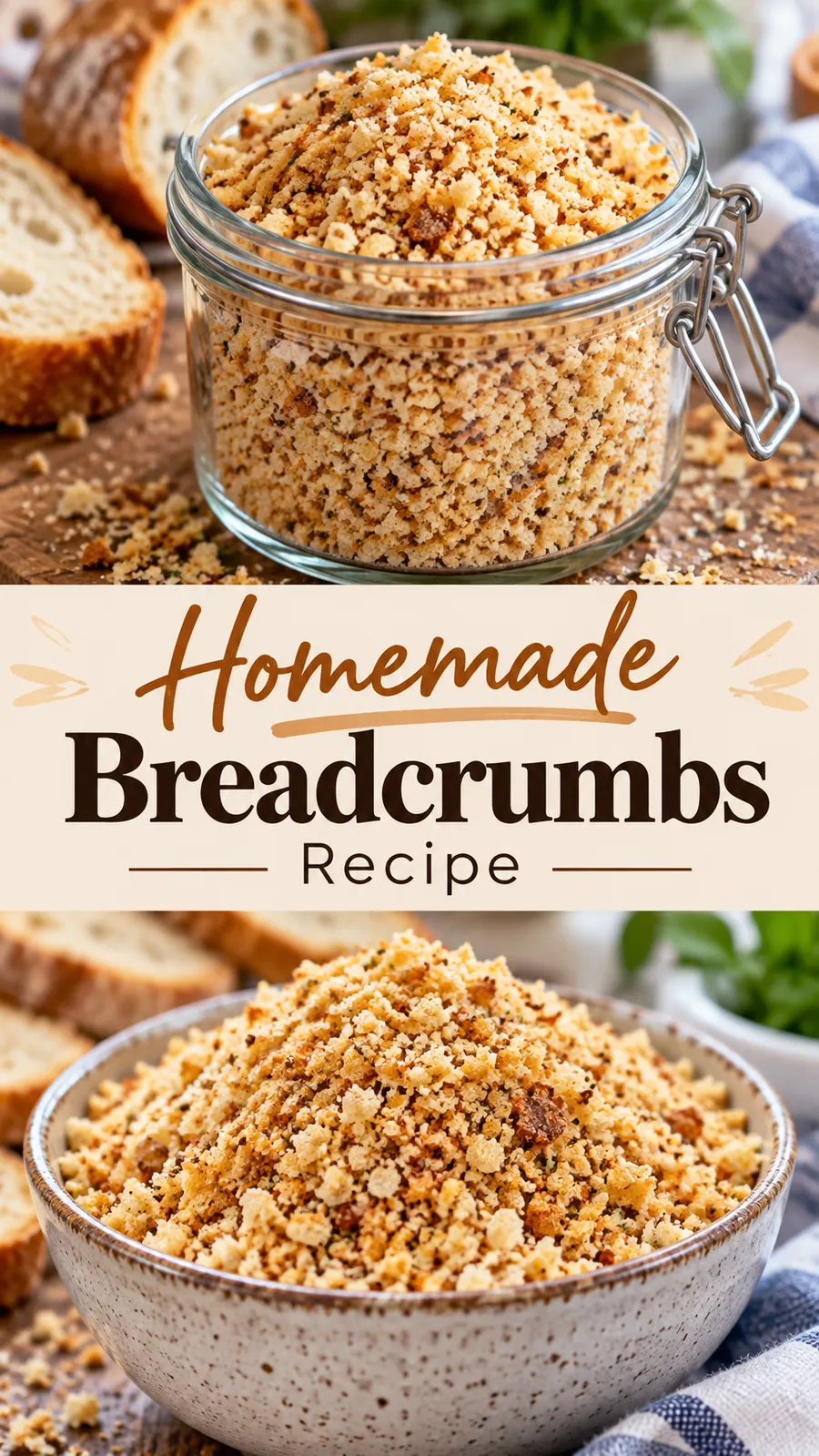 Pinterest image for Homemade Breadcrumbs Recipe, with two photos of the recipe