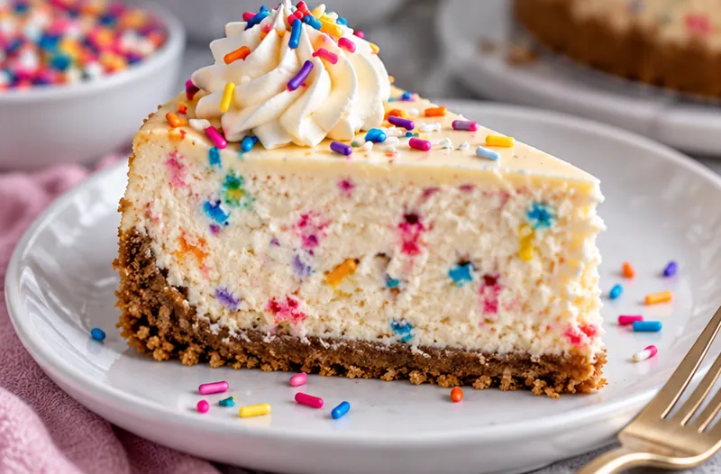 Homemade Cake Batter Cheesecake, ready to serve