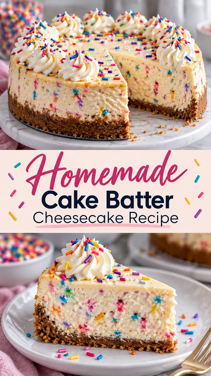 Pinterest image for Homemade Cake Batter Cheesecake Recipe, with two photos of the recipe