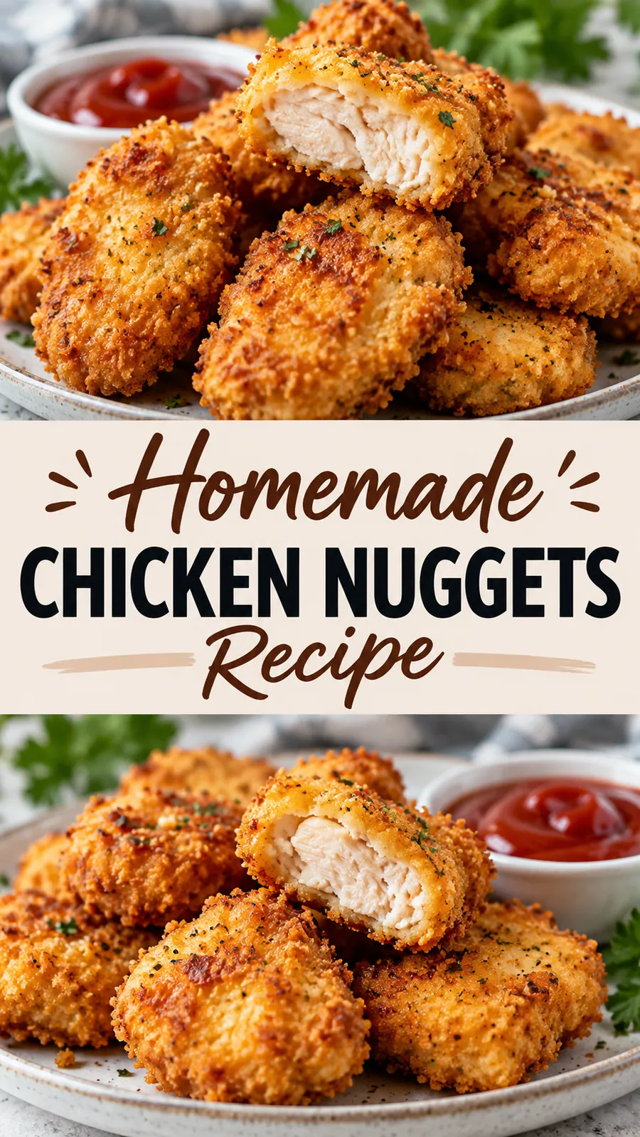 Pinterest image for Homemade Chicken Nuggets Recipe, with two photos of the recipe