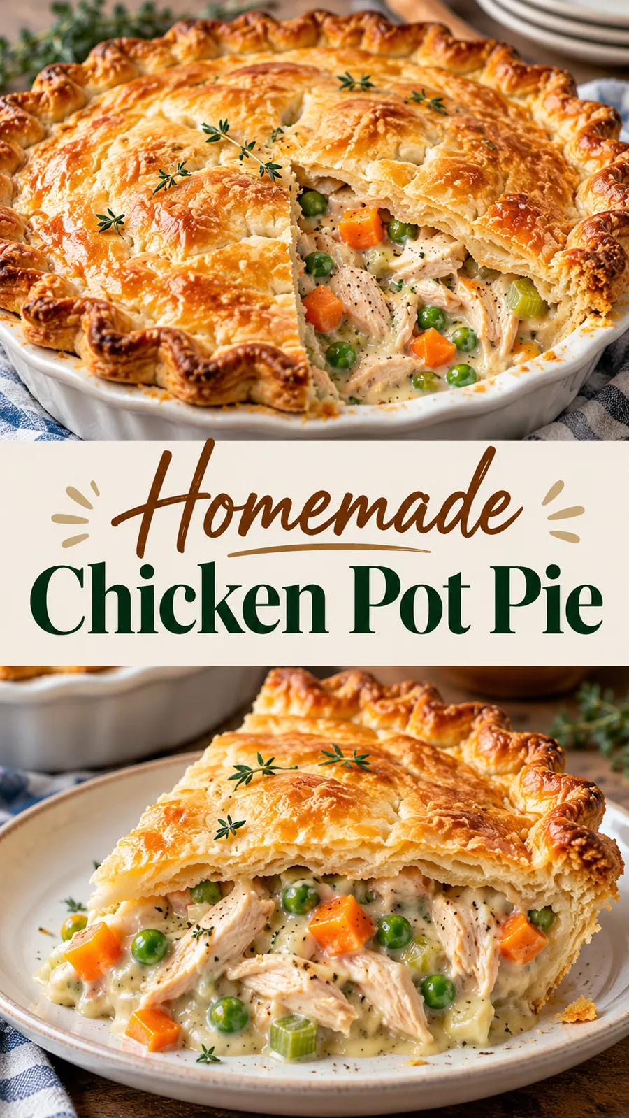 Pinterest image for Homemade Chicken Pot Pie, with two photos of the recipe