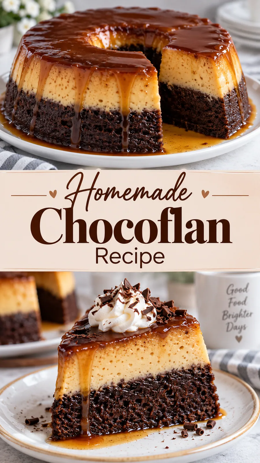 Pinterest image for Homemade Chocoflan Recipe, with two photos of the recipe