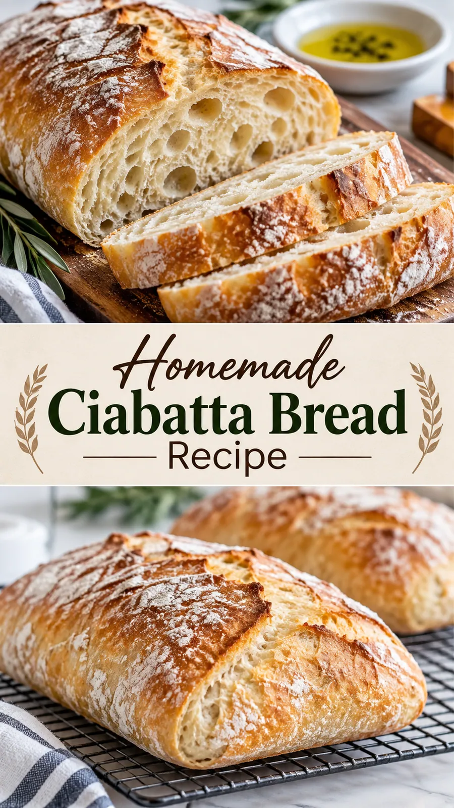 Pinterest image for Homemade Ciabatta Bread Recipe, with two photos of the recipe