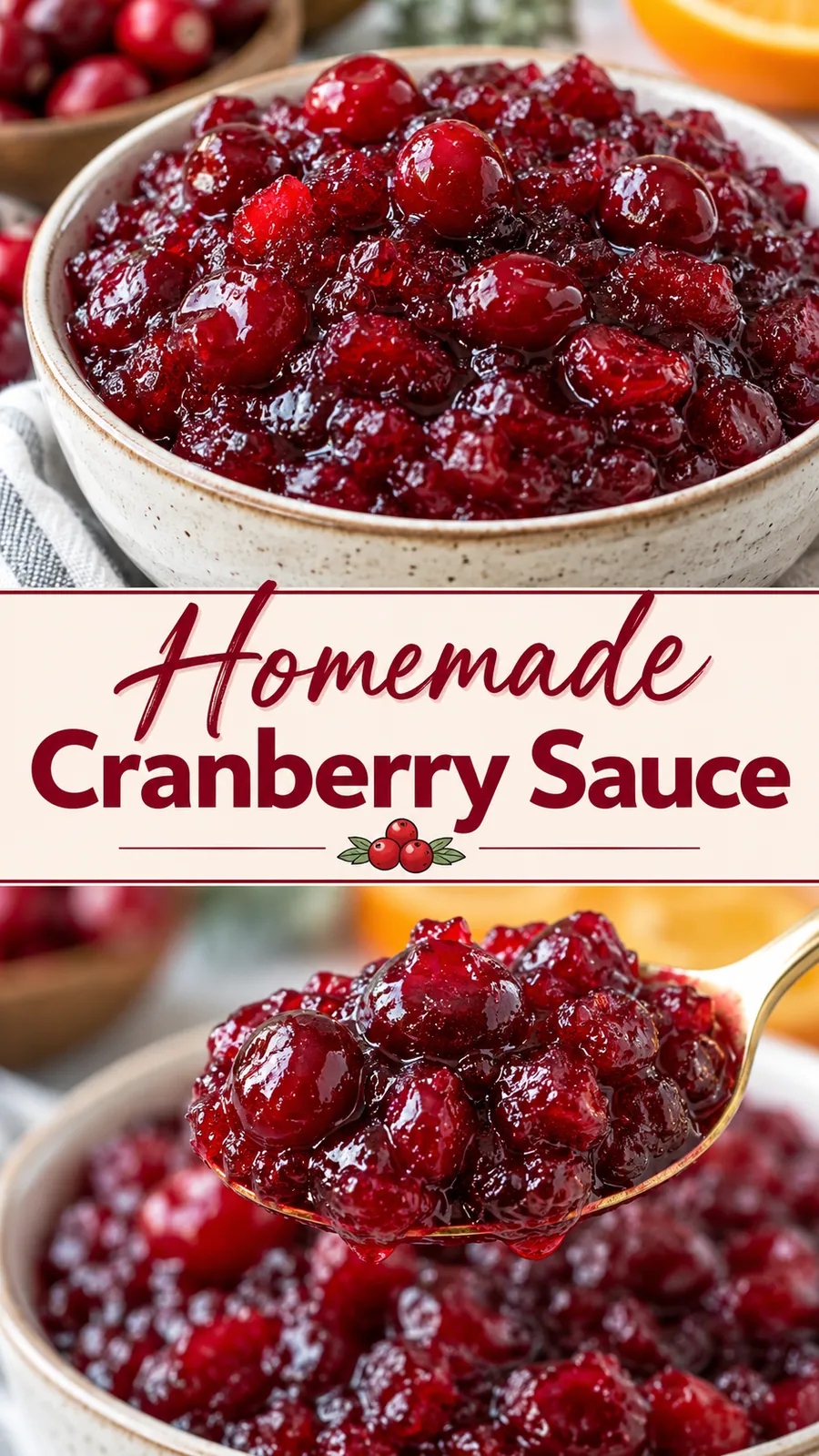 Pinterest image for Homemade Cranberry Sauce, with two photos of the recipe