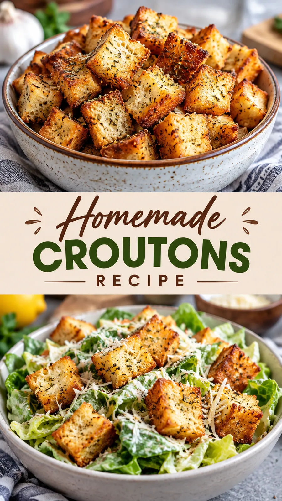 Pinterest image for Homemade Croutons Recipe, with two photos of the recipe