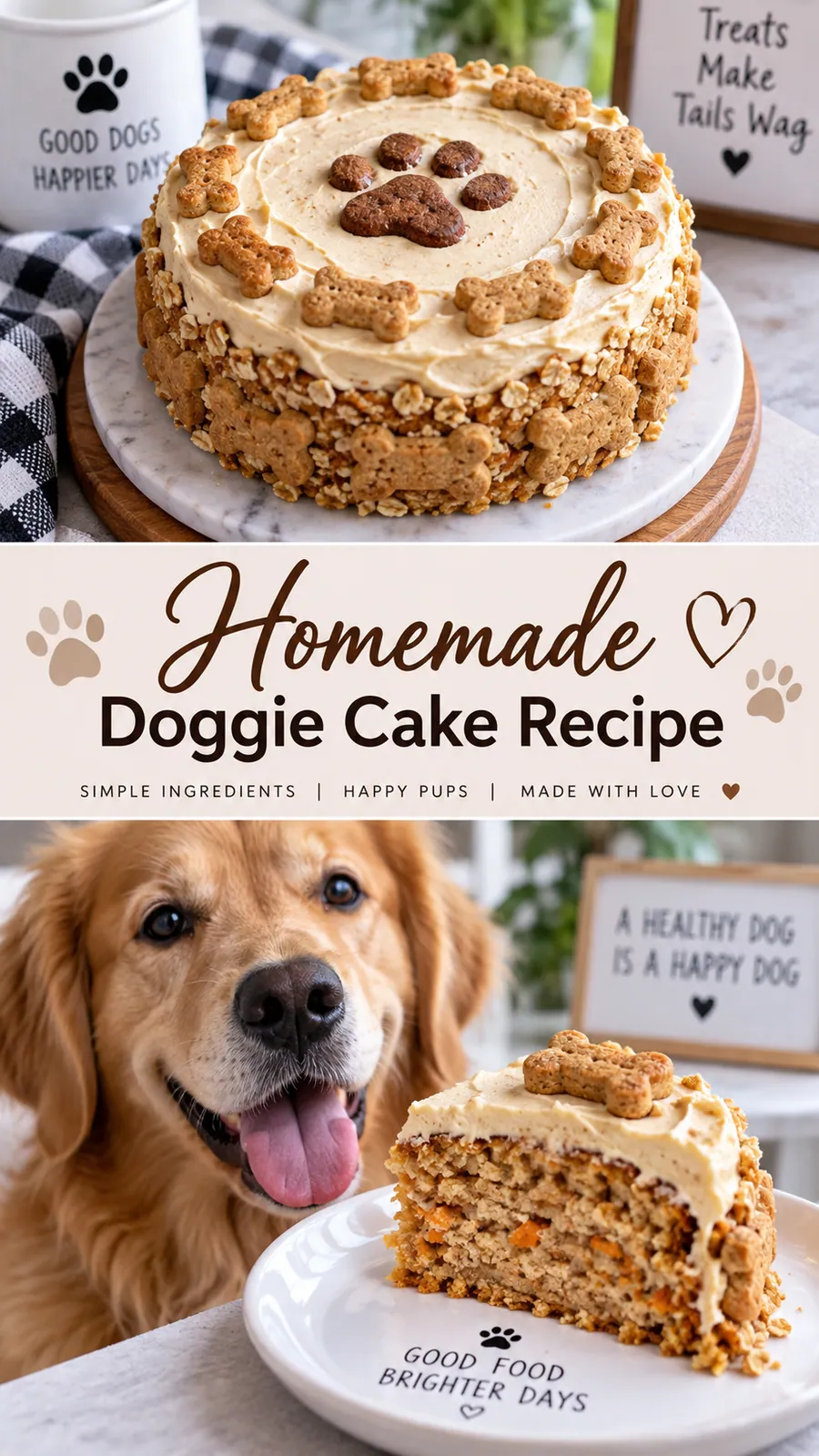 Pinterest image for Homemade Doggie Cake Recipe, with two photos of the recipe