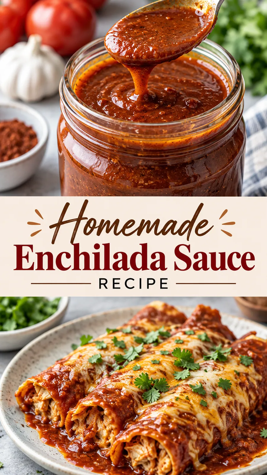 Pinterest image for Homemade Enchilada Sauce Recipe, with two photos of the recipe