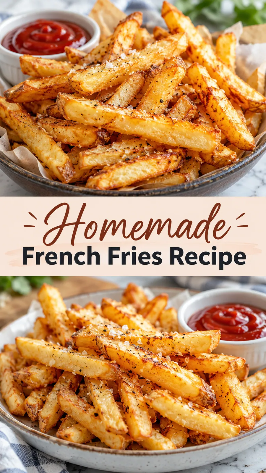 Pinterest image for Homemade French Fries Recipe, with two photos of the recipe