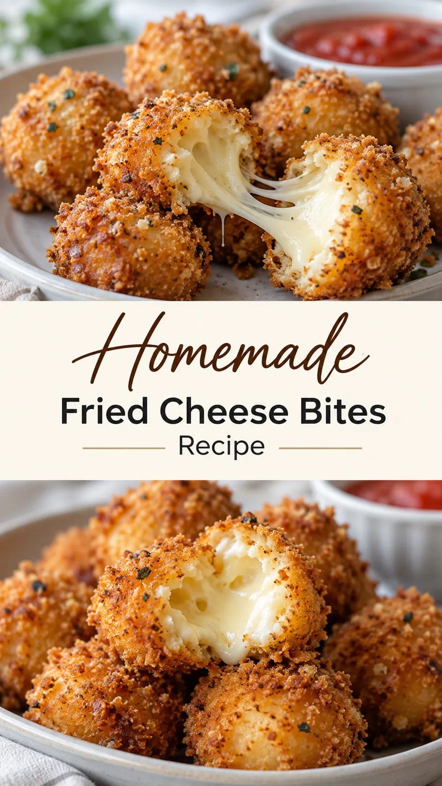 Pinterest image for Homemade Fried Cheese Bites Recipe, with two photos of the recipe