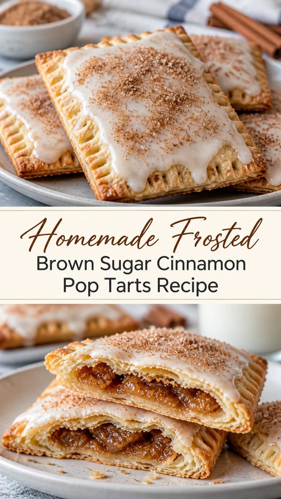 Pinterest image for Homemade Frosted Brown Sugar Cinnamon Pop Tarts Recipe, with two photos of the recipe