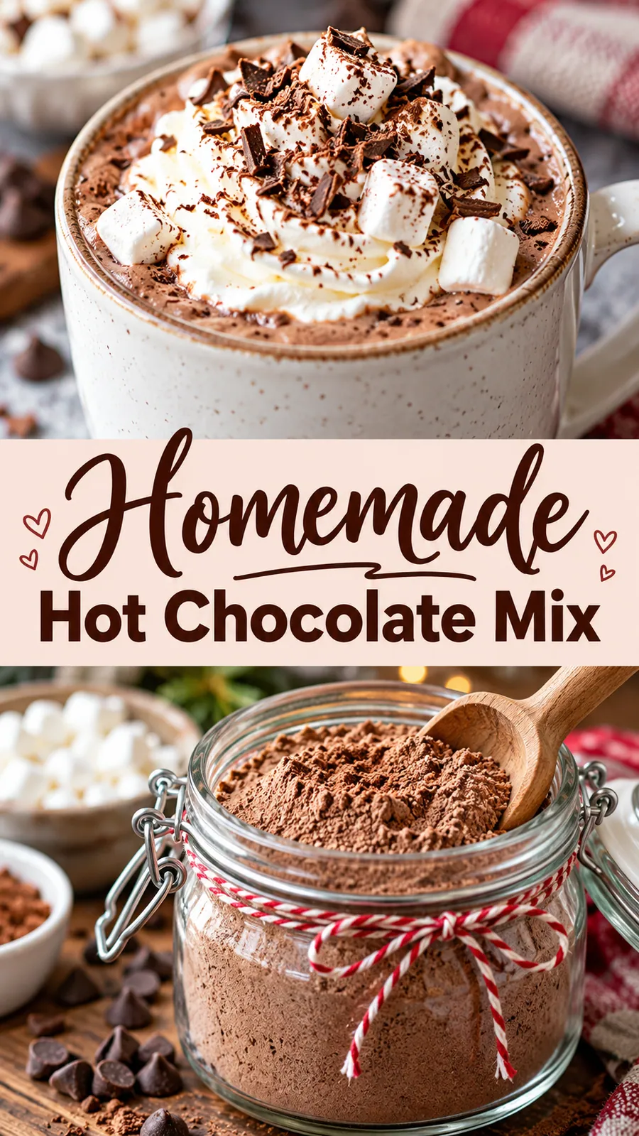Pinterest image for Homemade Hot Chocolate Mix, with two photos of the recipe