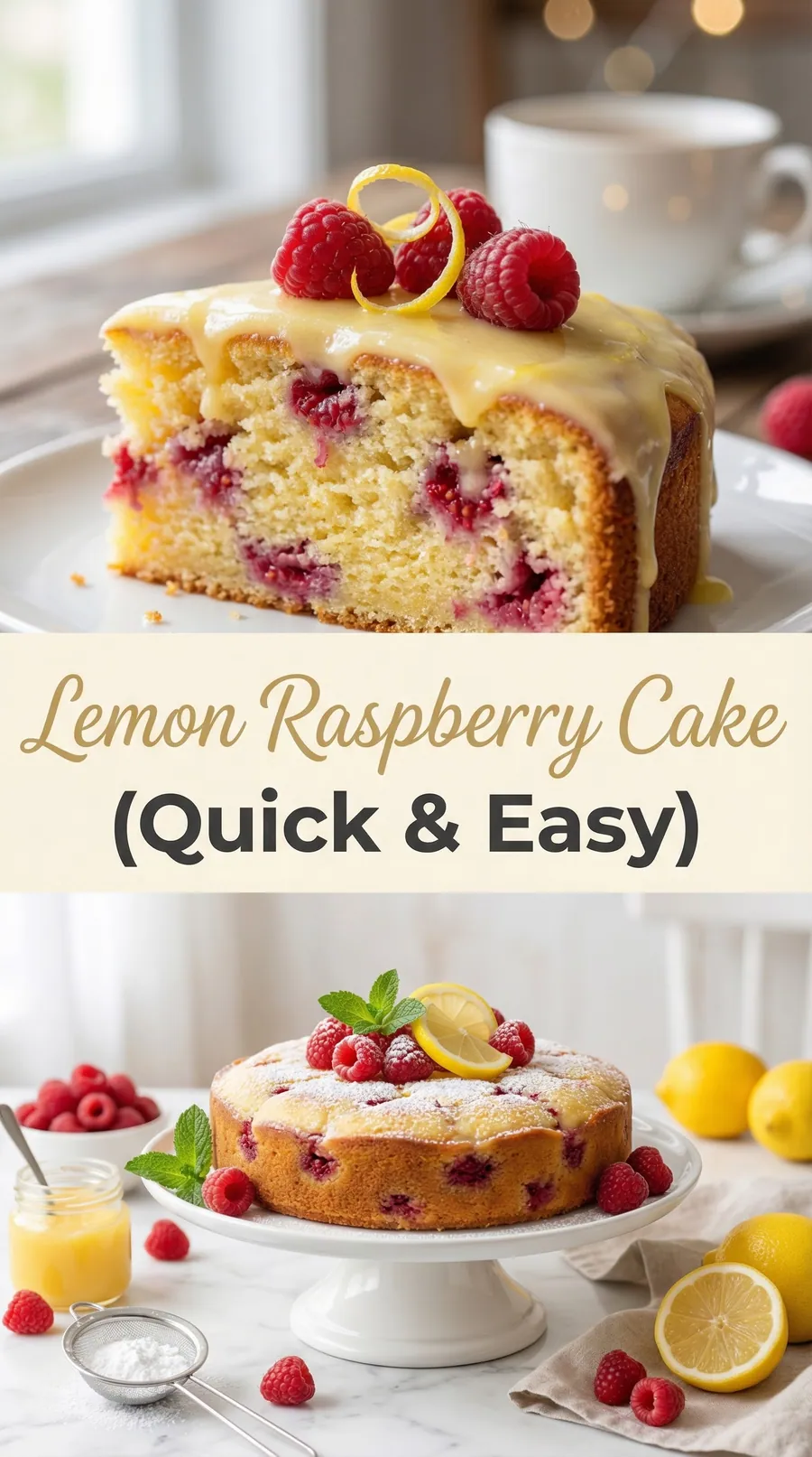 Pinterest image for Homemade Lemon Raspberry Cake Full Recipe, with two photos of the recipe