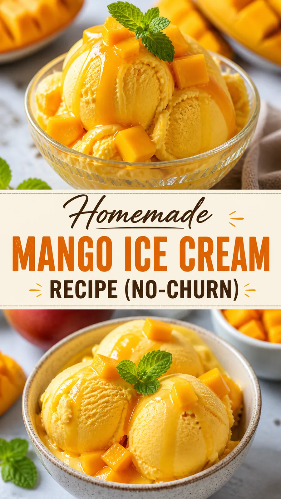 Pinterest image for Homemade Mango Ice Cream Recipe (No Churn), with two photos of the recipe