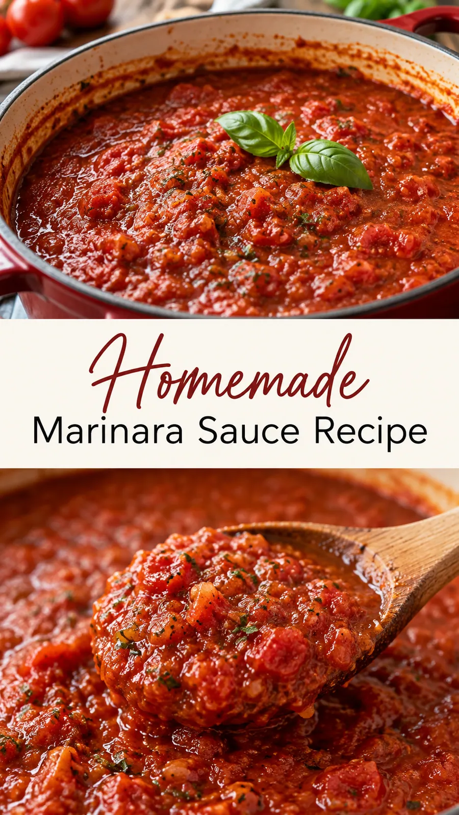 Pinterest image for Homemade Marinara Sauce Recipe, with two photos of the recipe