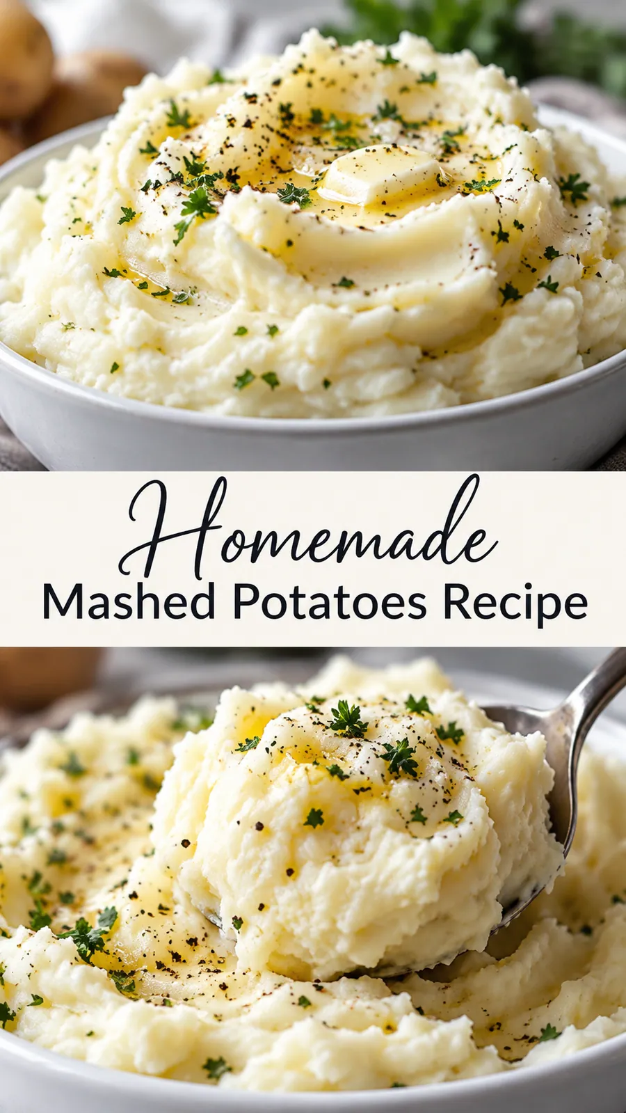 Pinterest image for Homemade Mashed Potatoes Recipe, with two photos of the recipe