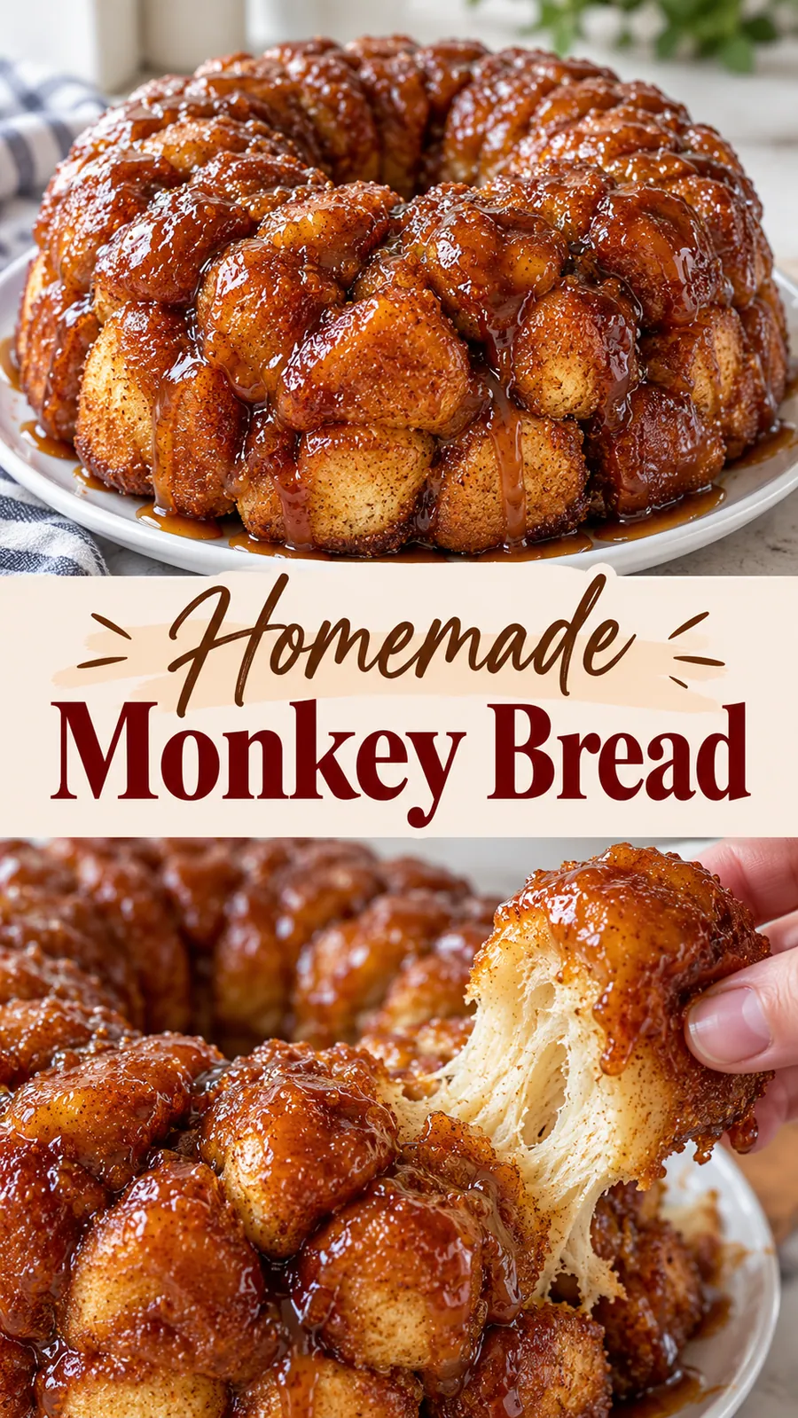 Pinterest image for Homemade Monkey Bread, with two photos of the recipe