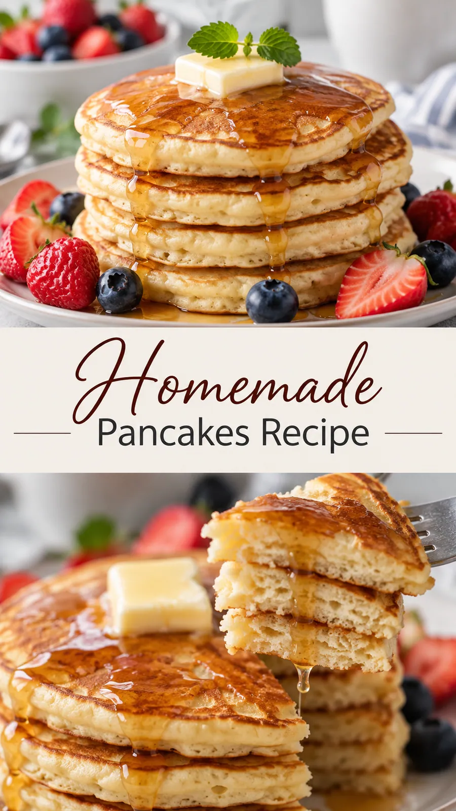 Pinterest image for Homemade Pancakes Recipe, with two photos of the recipe