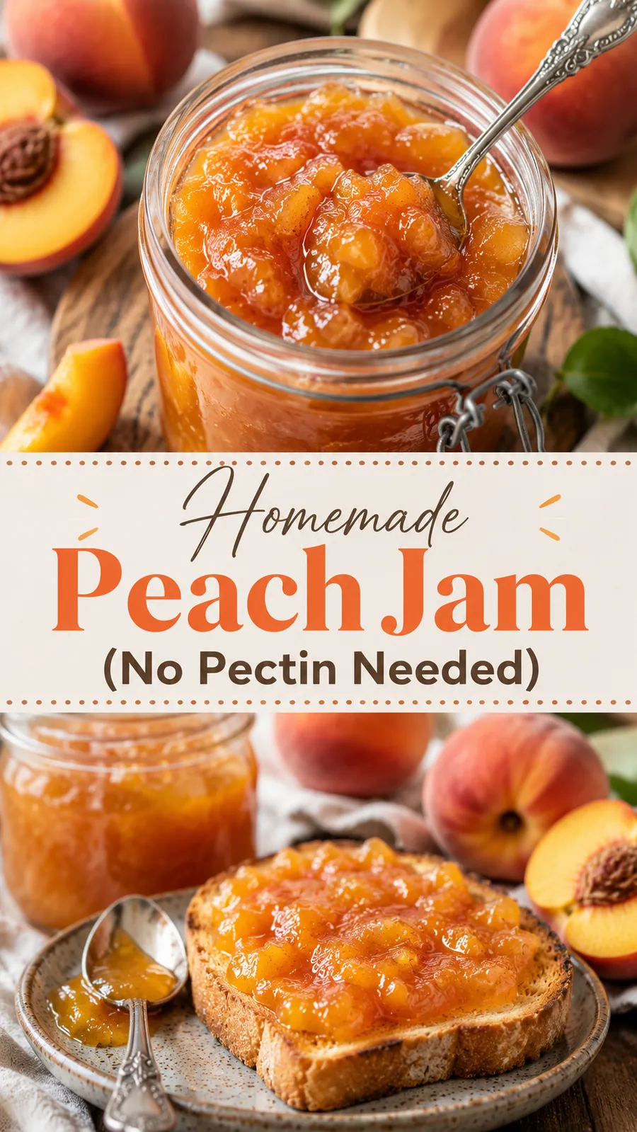 Pinterest image for Homemade Peach Jam No Pectin Needed, with two photos of the recipe