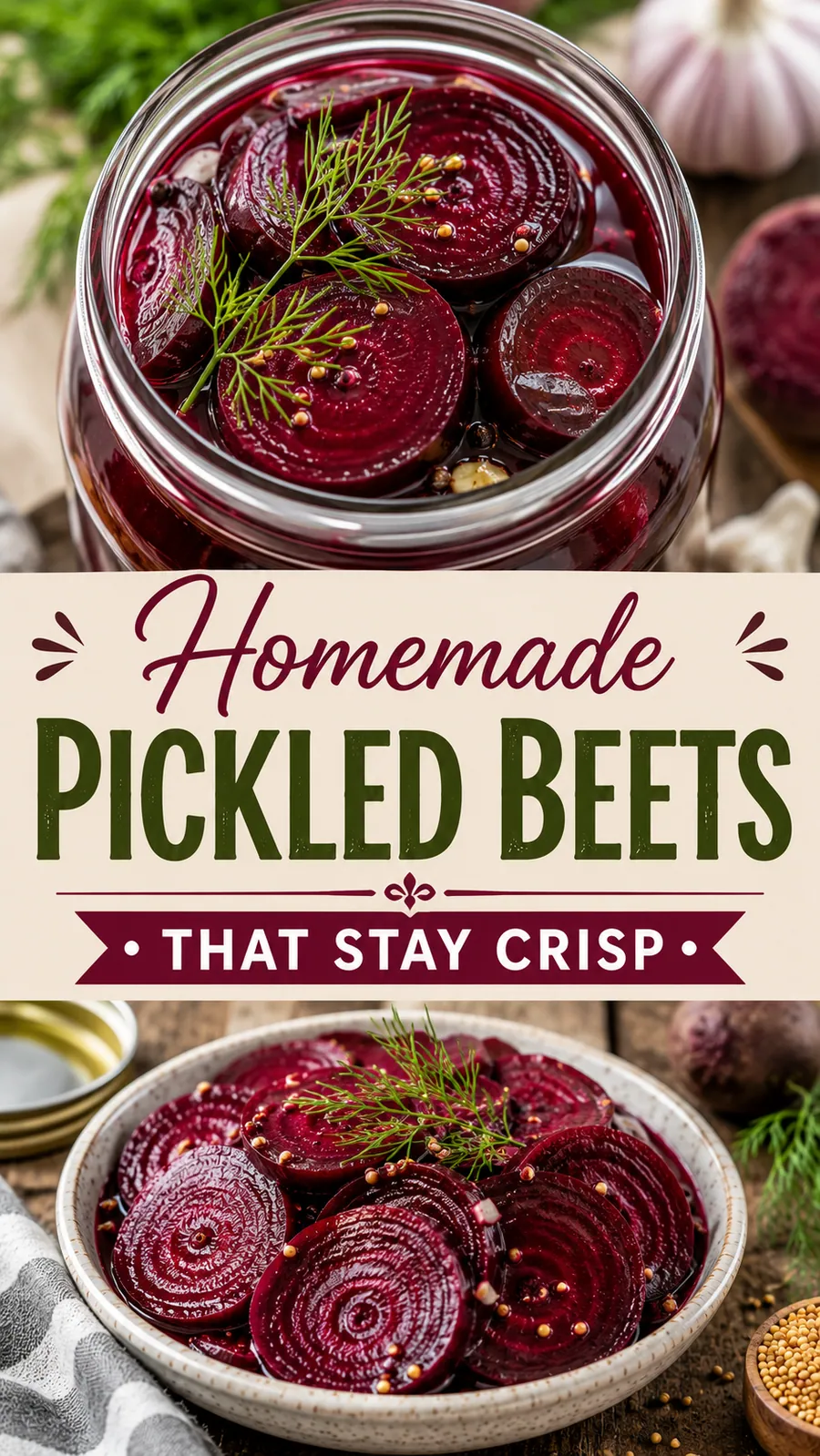 Pinterest image for Homemade Pickled Beets That Stay Crisp, with two photos of the recipe