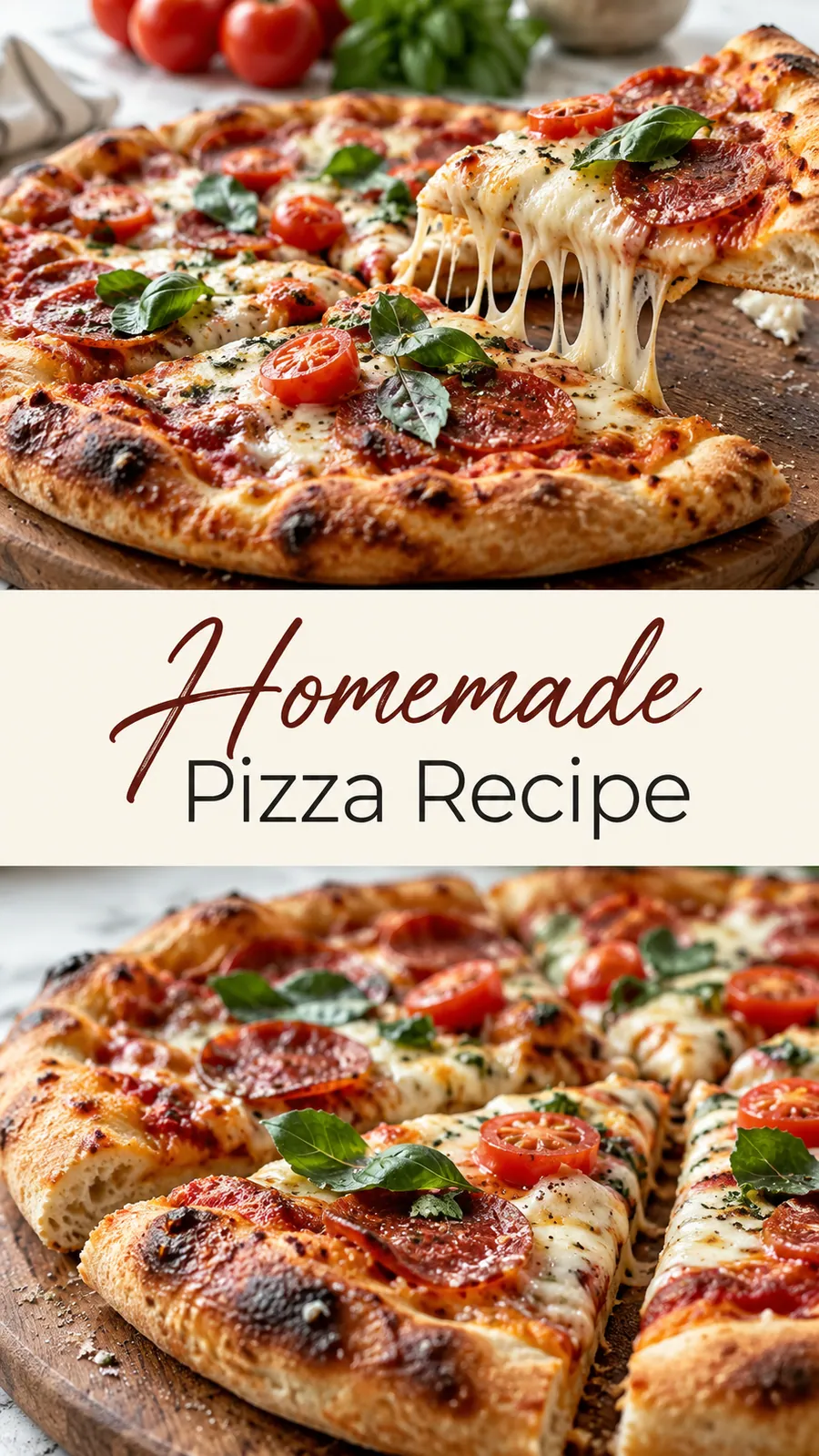 Pinterest image for Homemade Pizza Recipe, with two photos of the recipe