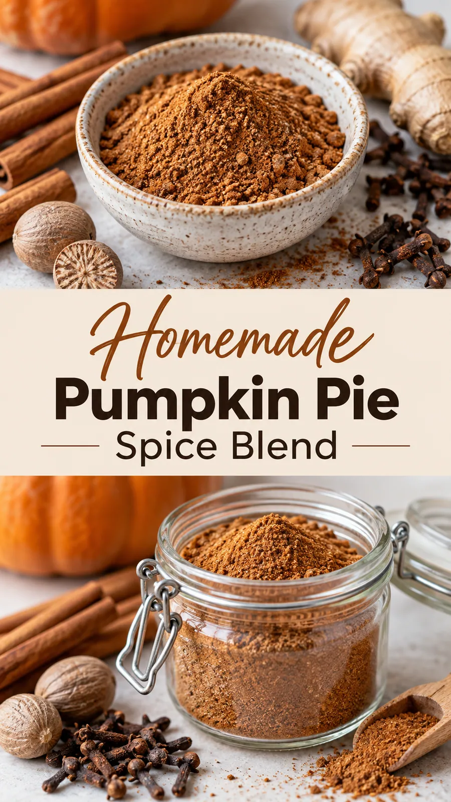 Pinterest image for Homemade Pumpkin Pie Spice Blend, with two photos of the recipe
