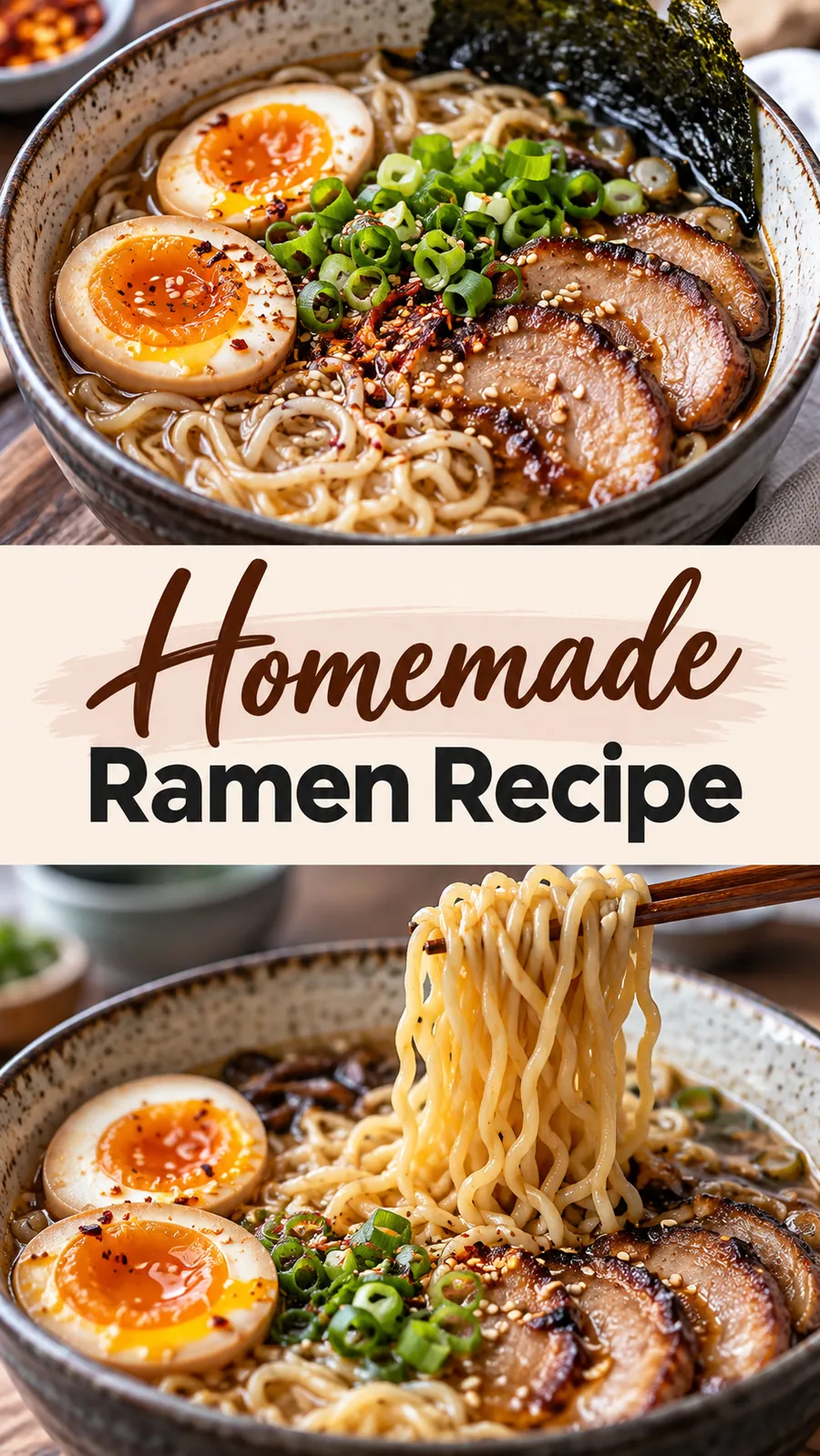 Pinterest image for Homemade Ramen Recipe, with two photos of the recipe