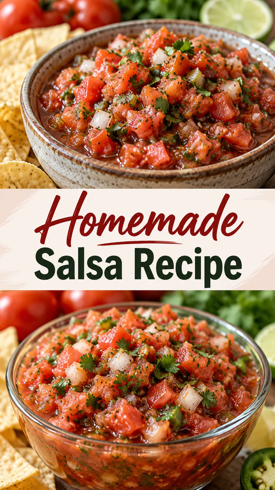 Pinterest image for Homemade Salsa Recipe, with two photos of the recipe