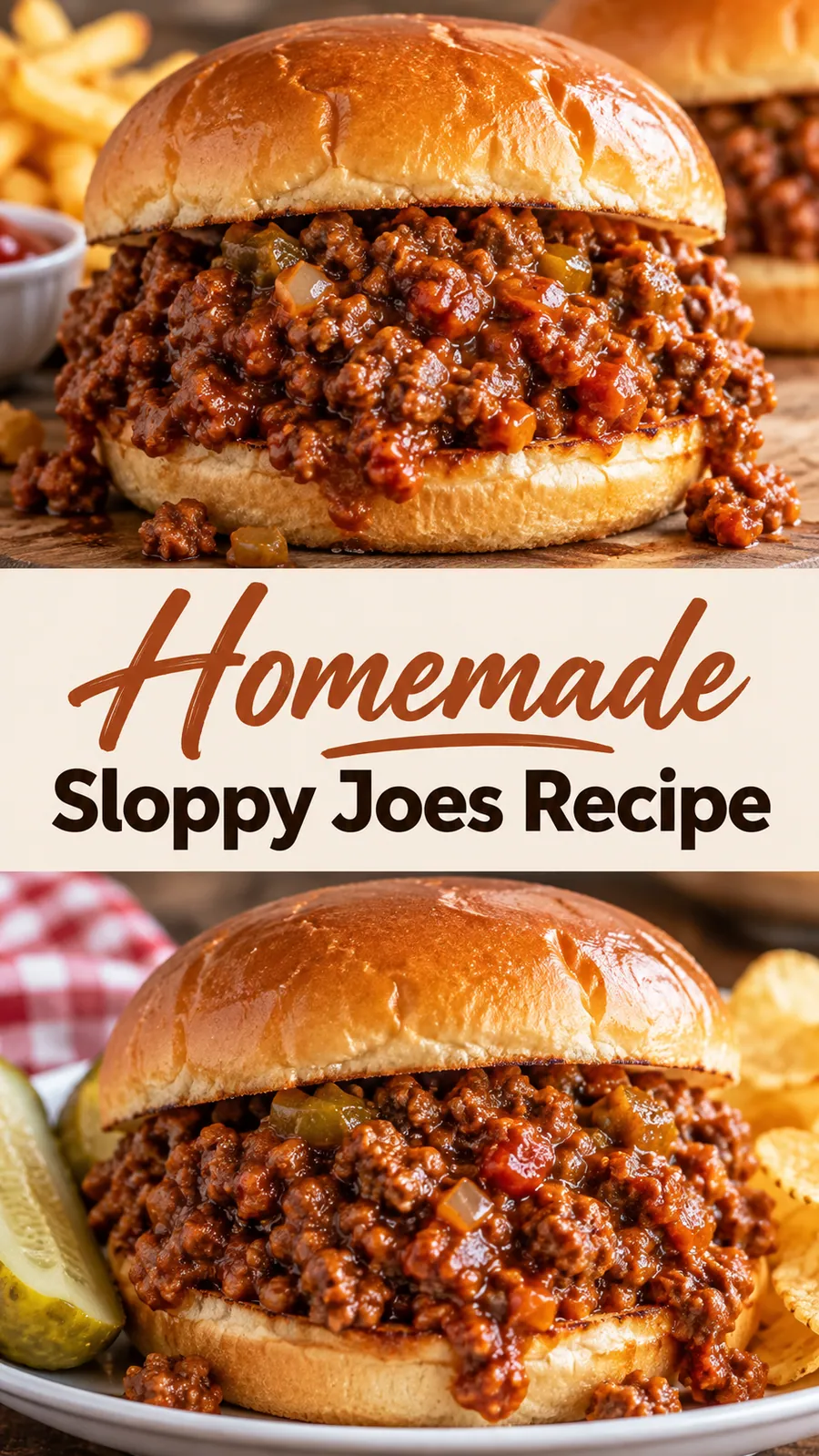 Pinterest image for Homemade Sloppy Joes Recipe, with two photos of the recipe