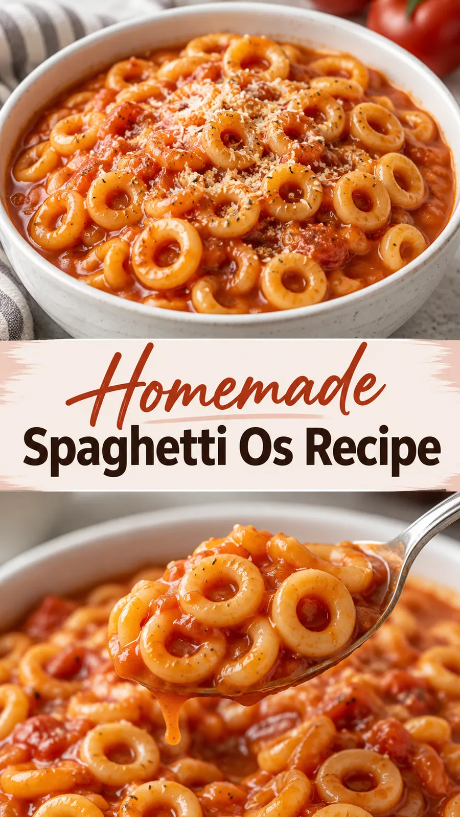 Pinterest image for Homemade Spaghetti Os Recipe, with two photos of the recipe