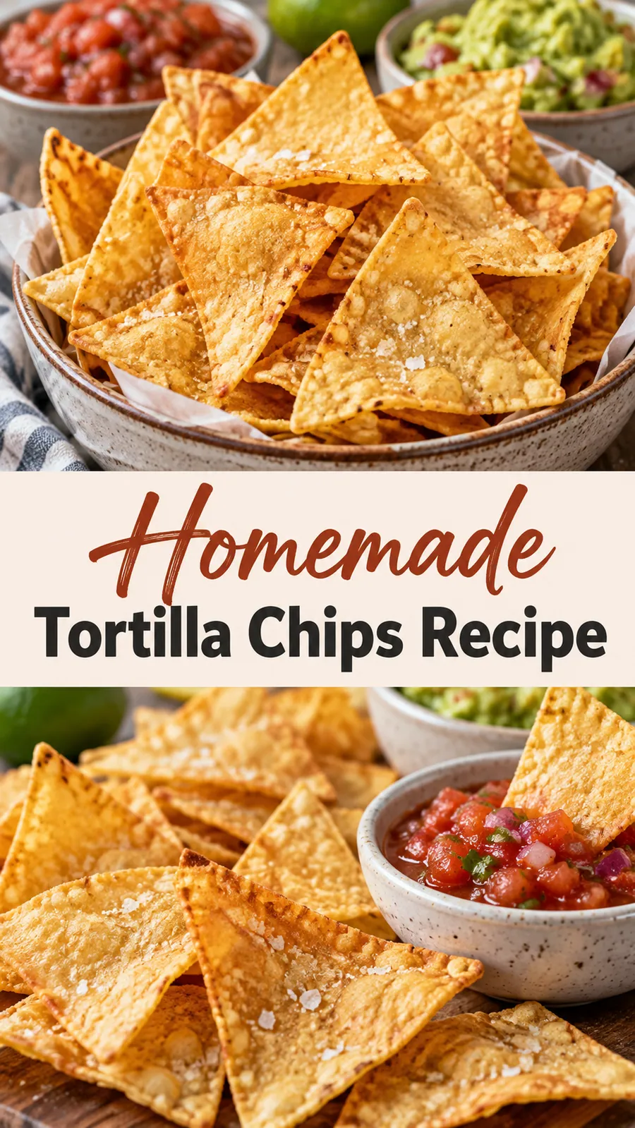 Pinterest image for Homemade Tortilla Chips Recipe, with two photos of the recipe