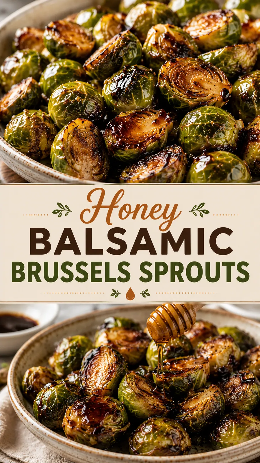 Pinterest image for Honey Balsamic Brussels Sprouts, with two photos of the recipe