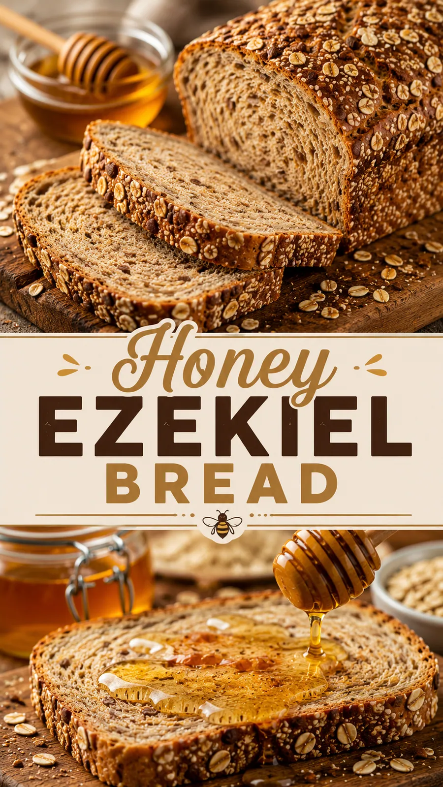 Pinterest image for Honey Ezekiel Bread, with two photos of the recipe