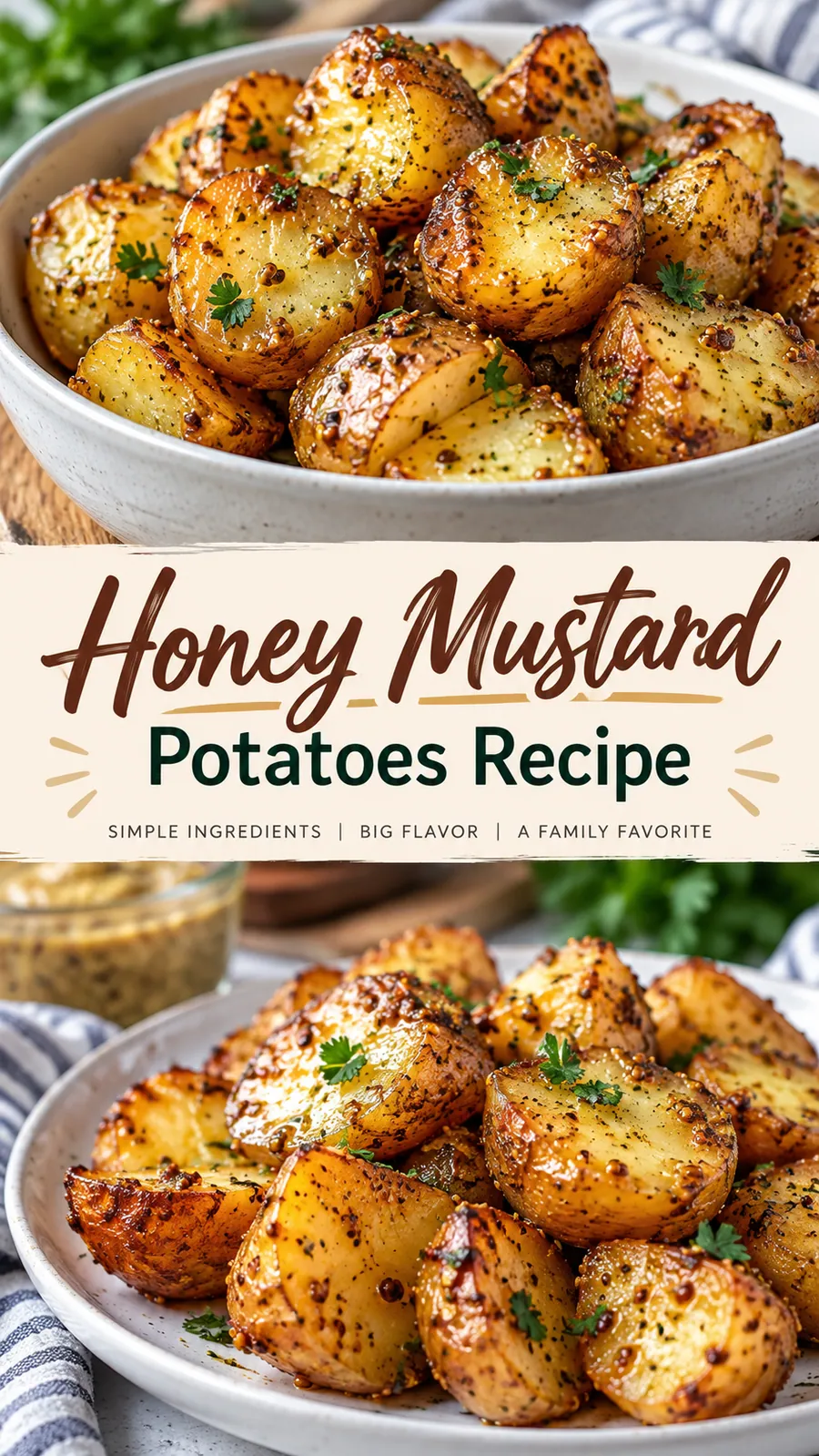 Pinterest image for Honey Mustard Potatoes Recipe, with two photos of the recipe